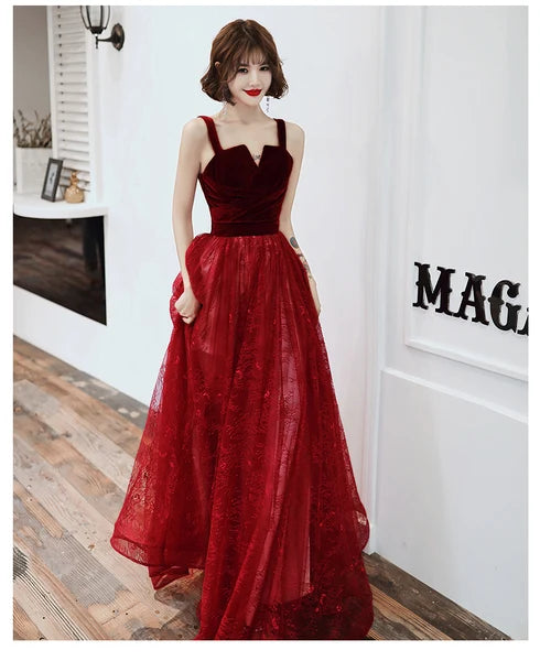 Burgundy Velvet Bodice A Line Prom Dress Spaghetti Straps Lace Tulle Skirt