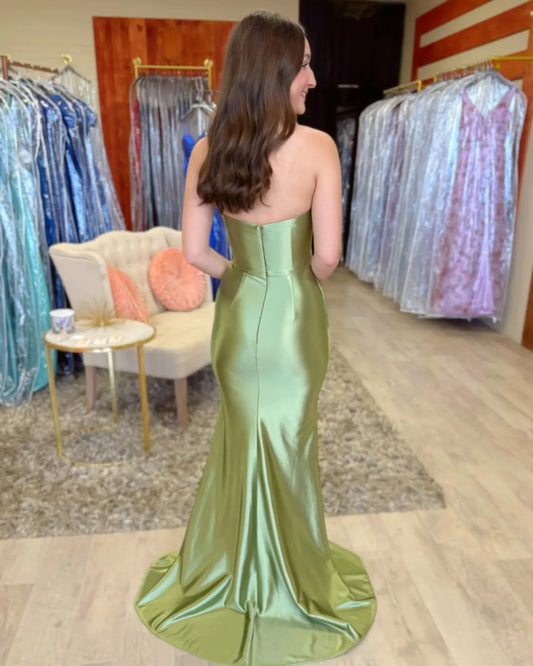 Olive Green Strapless Ruched High Slit Mermaid Prom Dress