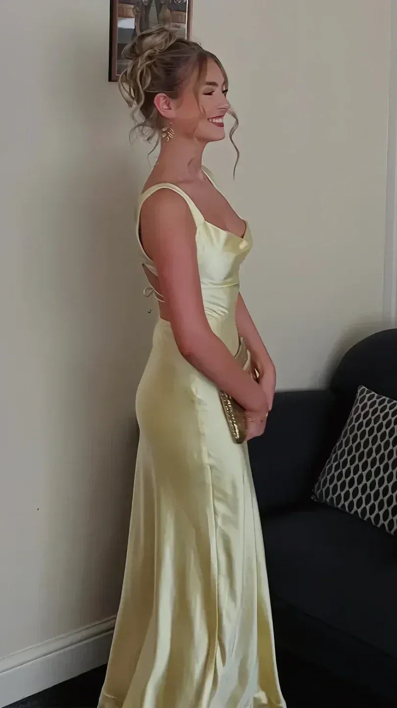 Pale Yellow Cowl Neck Wide Strap Criss‑Cross Open Back Satin Mermaid Prom Dress