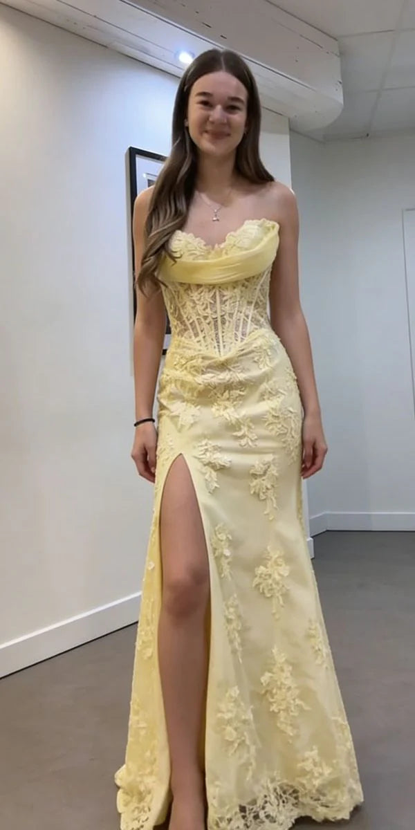 Pale Yellow Strapless Sheer Corset 3D Floral Lace High‑Slit Mermaid Prom Dress