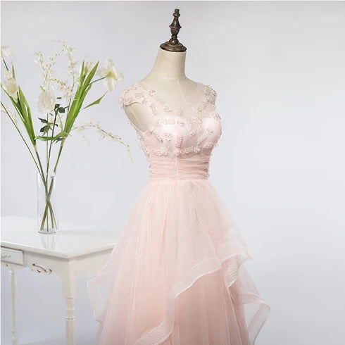 Blush Pink Cap Sleeve Tulle Prom Dress Lace Beaded Appliques Ruffled Skirt