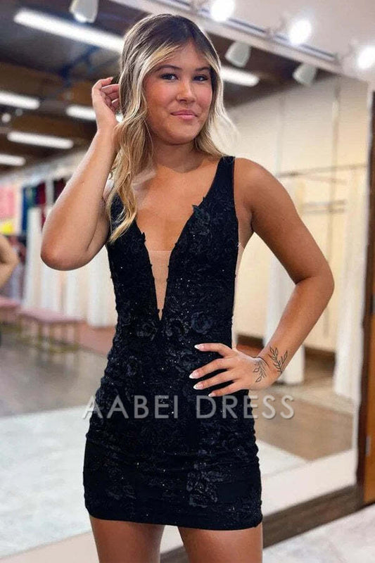 AABEI DRESS New Homecoming Dress Sexy Sheath Plunging V-Neck Sleeveless Appliques Illusion Charming Short Prom Dresse