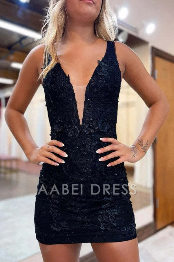 AABEI DRESS New Homecoming Dress Sexy Sheath Plunging V-Neck Sleeveless Appliques Illusion Charming Short Prom Dresse