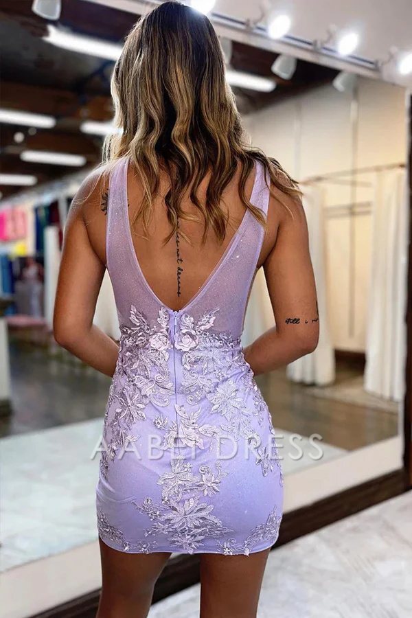 AABEI DRESS New Homecoming Dress Sexy Sheath Plunging V-Neck Sleeveless Appliques Illusion Short Prom Dresse