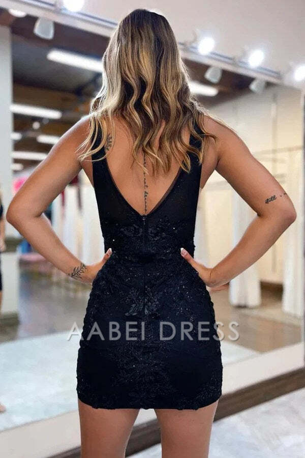 AABEI DRESS New Homecoming Dress Sexy Sheath Plunging V-Neck Sleeveless Appliques Illusion Charming Short Prom Dresse