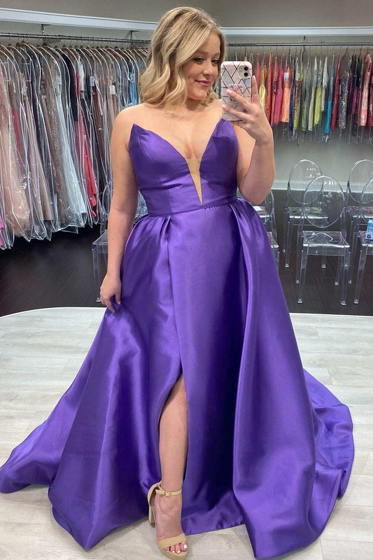 Plus Size Prom Dress A-Line Satin Strapless with Slit
