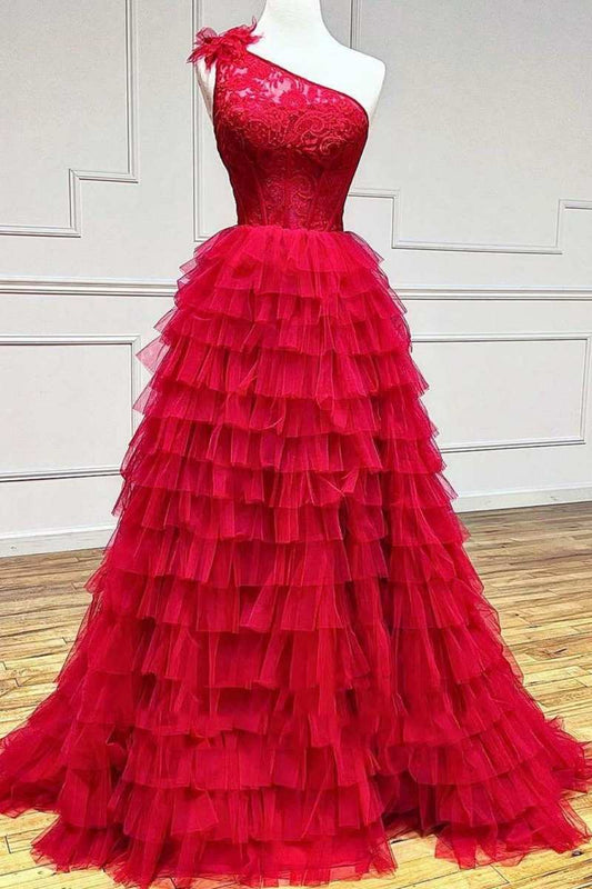 Plus Size Prom Dress Ball Gown Lace One Shoulder Multi-Tiered with Ruffles