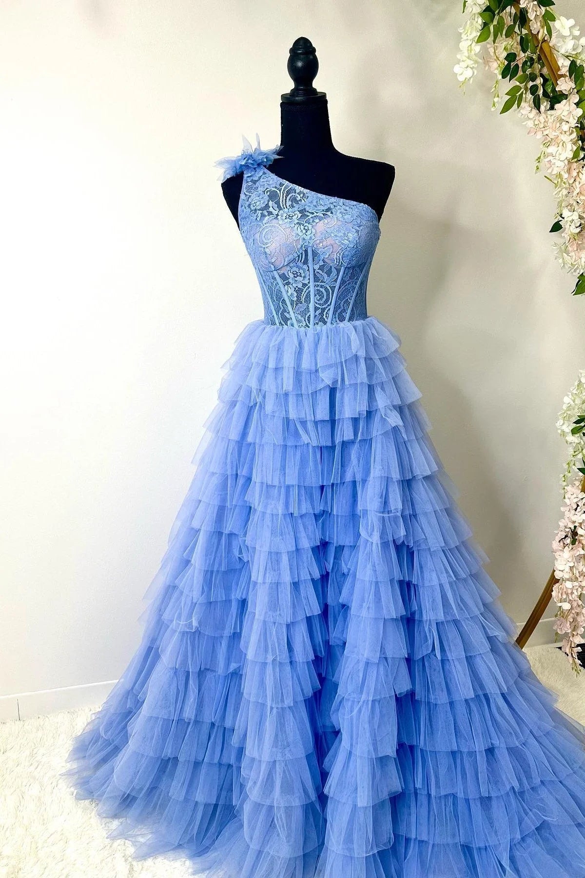 Plus Size Prom Dress Ball Gown Lace One Shoulder Multi-Tiered with Ruffles