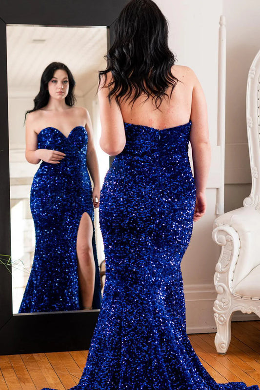 Plus Size Prom Dresses Mermaid Sweetheart Sequin Long with Slit