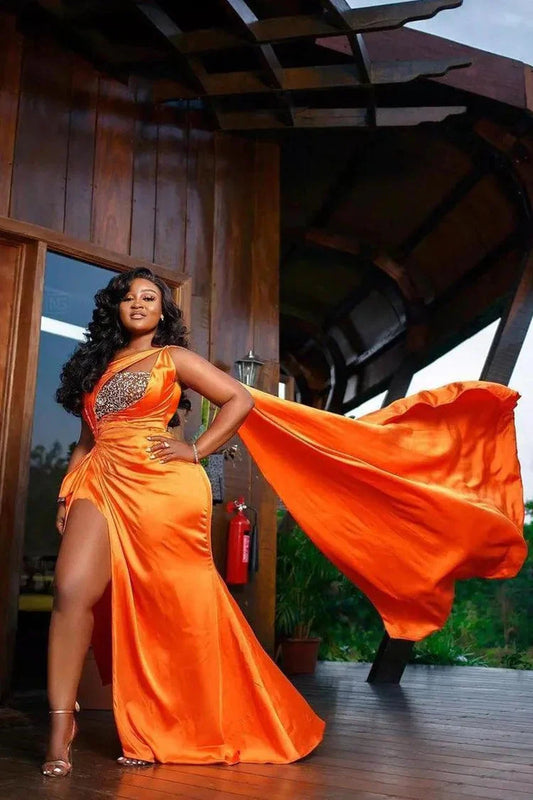 Plus Size Prom Dresses One Shoulder Beaded Crystals With Ribbon High Split 