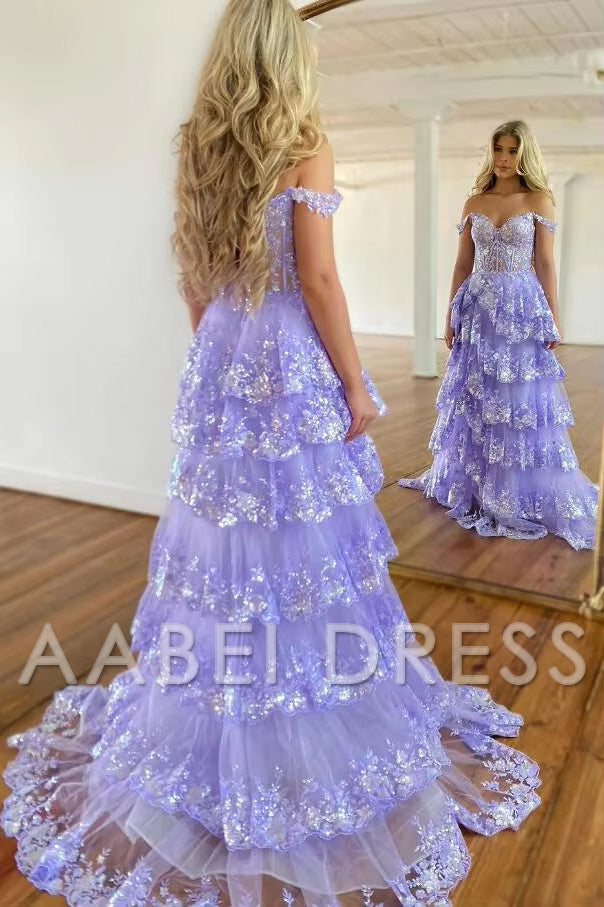 AABEI DRESS A LineTulle Off the Shoulder Sweetheart Tiered Ruffles Prom Dresses With Split Sleeveless Corset Ball Gowns Long Evening Dress