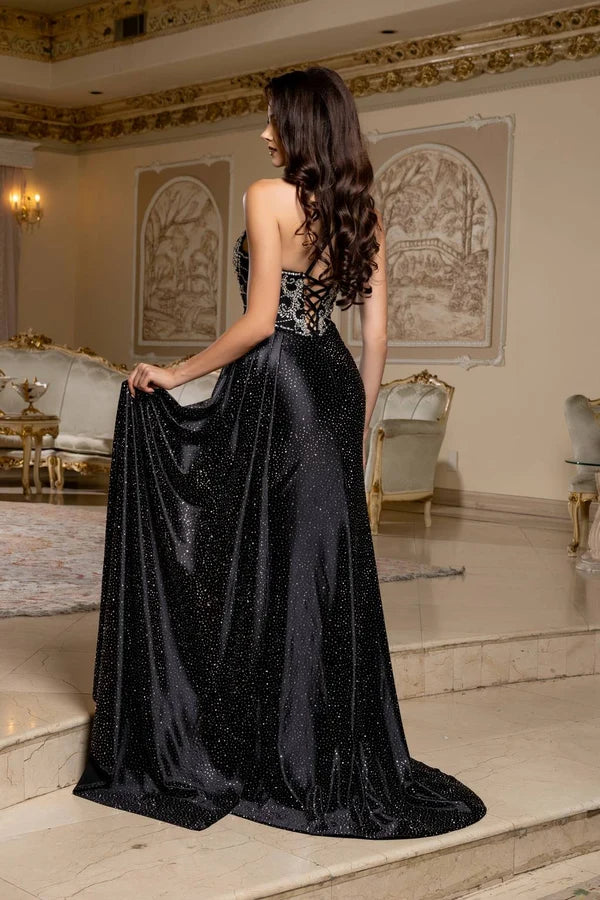 Black Mermaid Spaghetti Strap Corset Side Train Slit Prom Gown