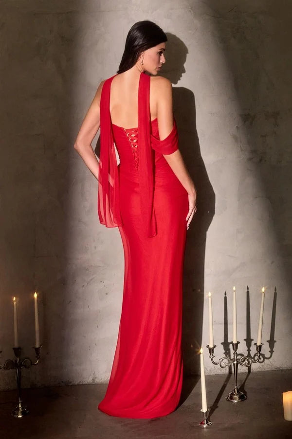 Red Mermaid Sweetheart Halter Corset Lace Up Slit Prom Gown