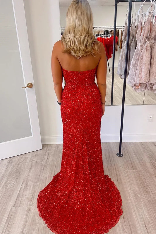 Red Strapless Sequin Sweetheart High Slit Mermaid Prom Dress
