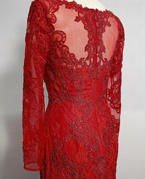 Red Long Sleeve Lace Mermaid Prom Dress Illusion Neck Sheer Back With Train