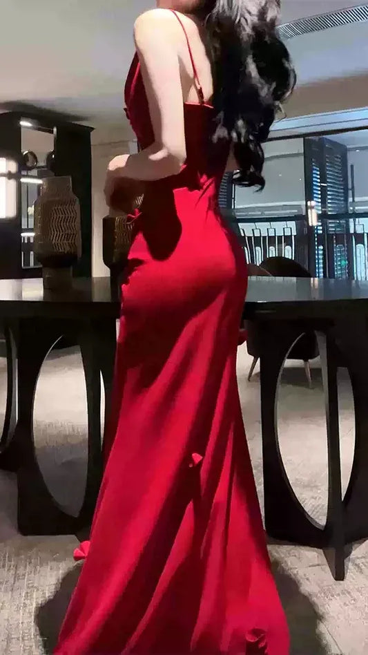 Red Spaghetti Strap Cowl Neck Ruched 3D Bow High‑Slit Mermaid Prom Dress