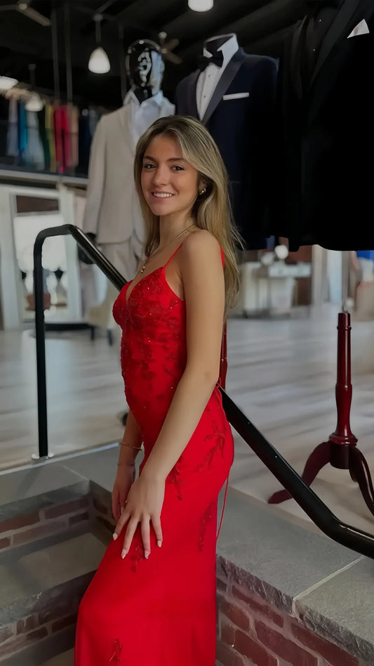 Red Spaghetti Strap V‑Neck Beaded Floral Lace Criss‑Cross Back Mermaid Prom Dress