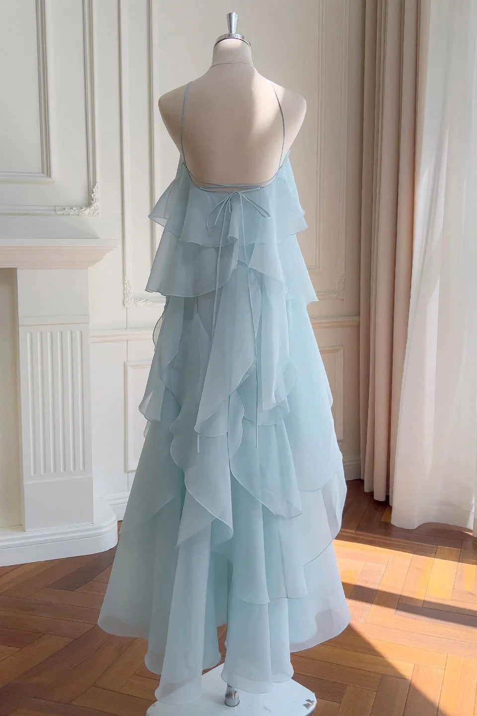 Romantic A-Line Halter Neck Sleeveless Tie Back Floor-Length Light Blue Ruffle Tulle Evening Dresses