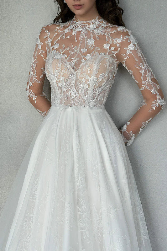 Romantic A-Line High-Neck Long-Sleeve Open-Back Train-Length Wedding Dress