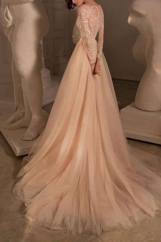 Romantic A-Line Illusion-Neck Long-Sleeve Open-Back Train-Length Wedding Dress