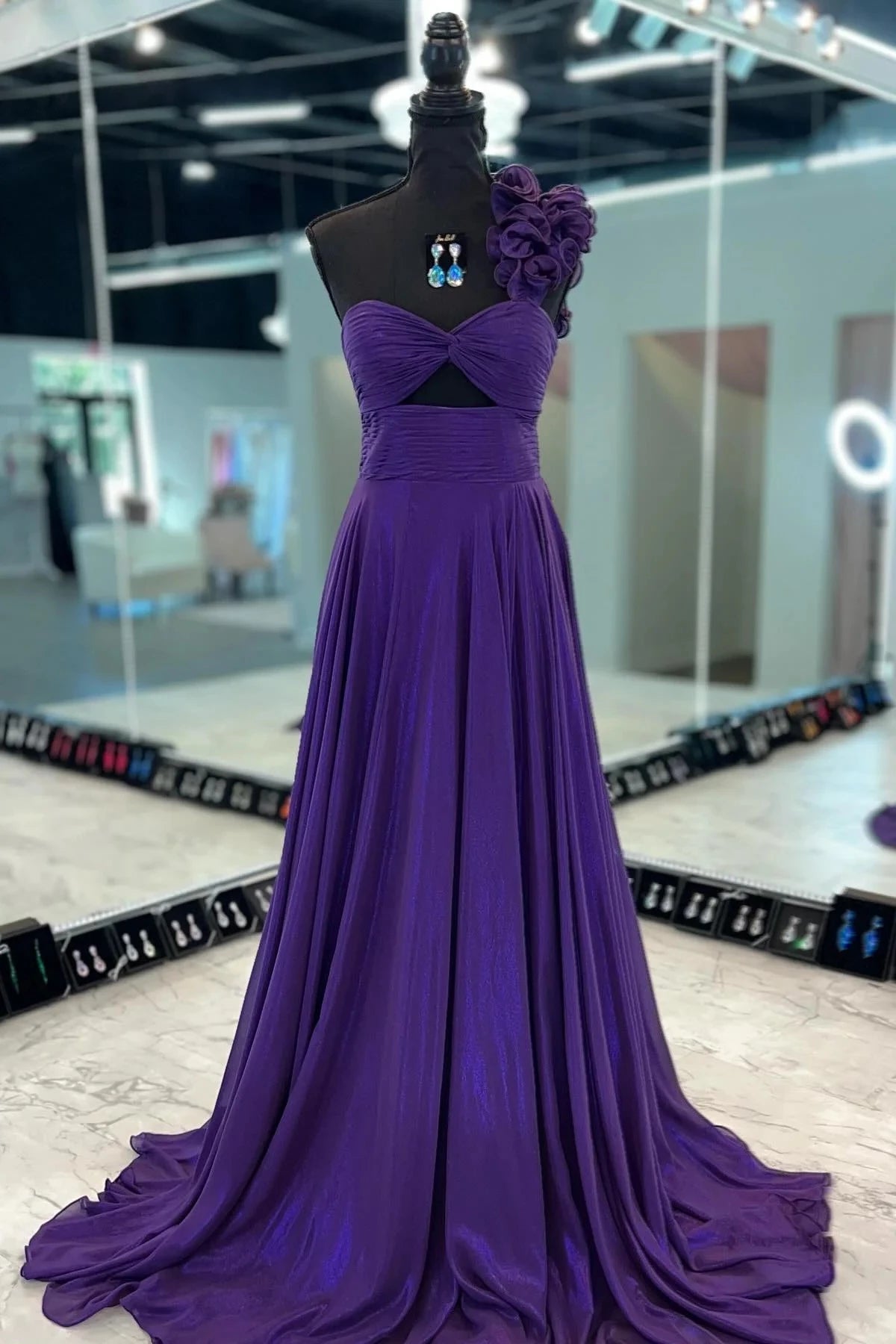 Romantic A-Line One Shoulder Floral Strap Cutout Back Sweep Train Purple Shimmer Evening Dresses