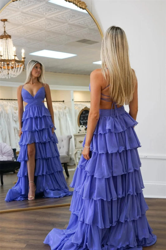 Romantic A-Line Plunge-Neck Spaghetti-Strap Cutout-Back High-Slit Train Evening Dress