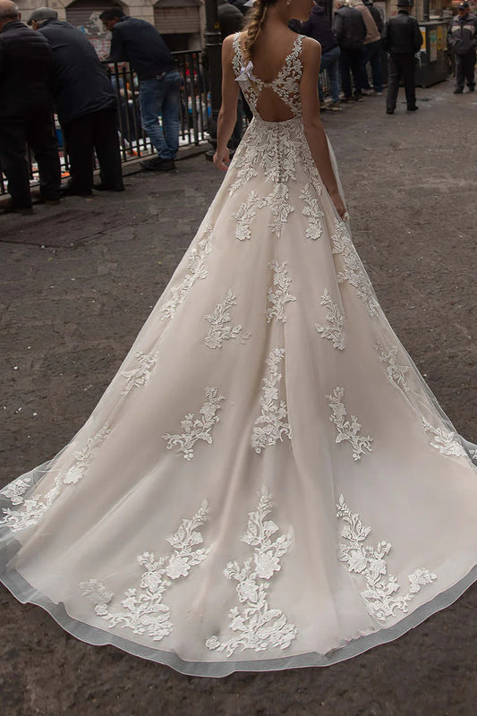 Romantic A-Line Plunge-V Neck Sleeveless Open Back Train Length Wedding Dress