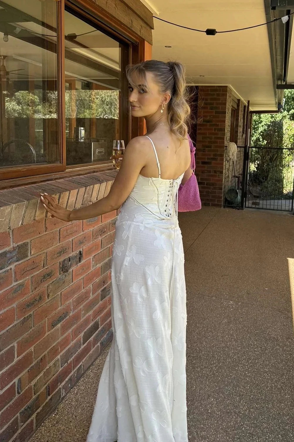 Romantic A-Line Spaghetti-Strap Lace-Up-Back Floral-Embossed Maxi Evening Dress