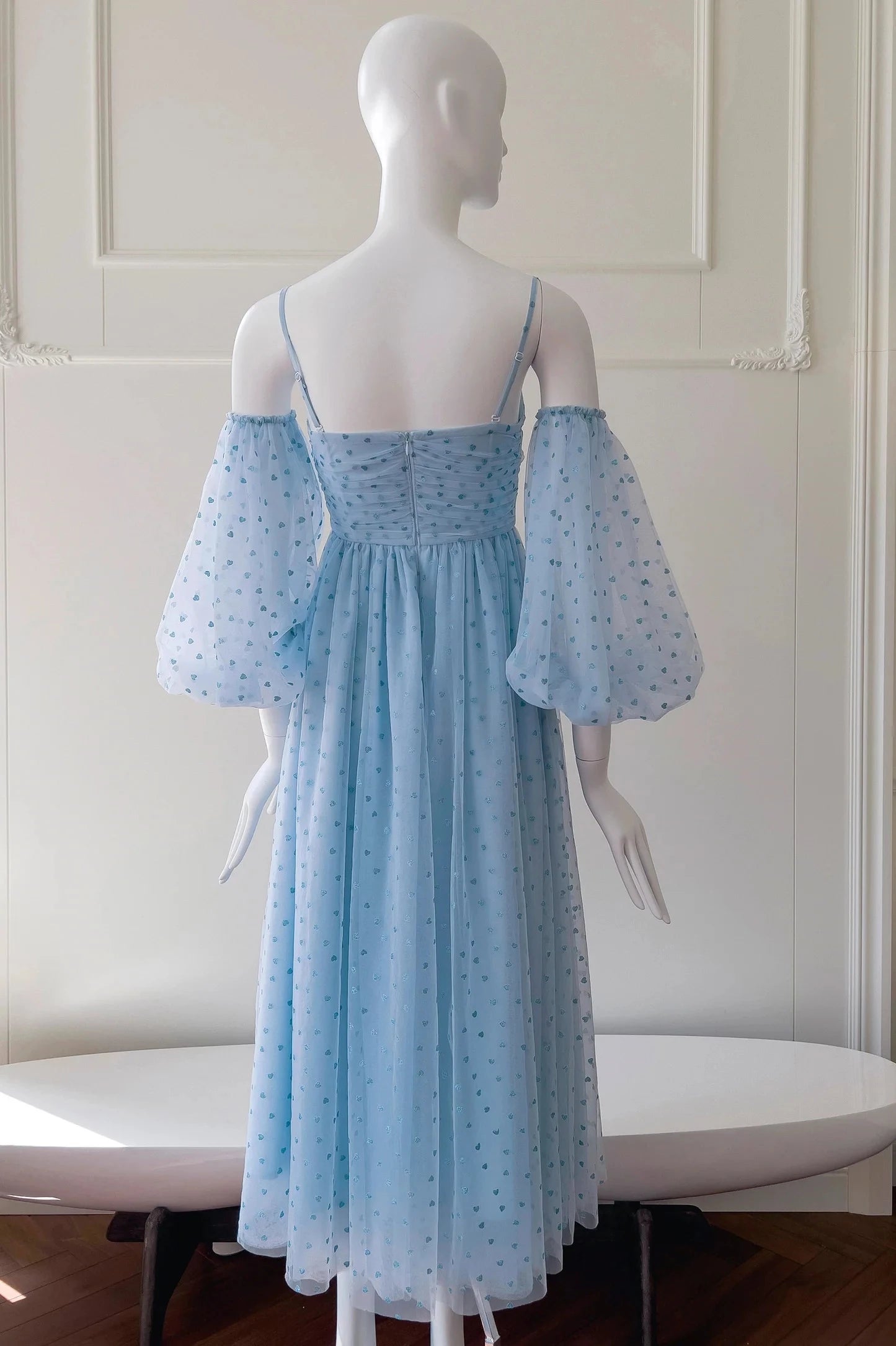 Romantic A-Line Square Neck Puffed Off-the-Shoulder Sleeves Open Back Midi-Length Light Blue Heart Tulle Evening Dresses