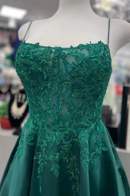 Romantic A-Line Square Neck Spaghetti Straps Open Back Floor-Length Emerald Green Lace Satin Evening Dresses