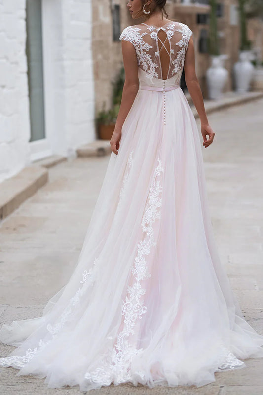 Romantic A-Line Sweetheart Cap-Sleeve Crisscross-Back Chapel Train Wedding Dress