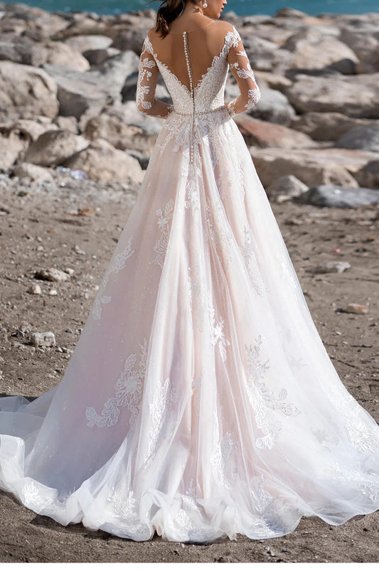 Romantic A-Line Sweetheart Long-Sleeve Sheer-Back Chapel Train Wedding Dress
