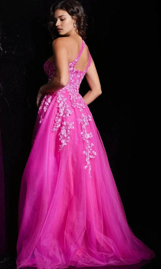 Romantic A-Line Sweetheart One Shoulder Open Back Train Length Prom Dress