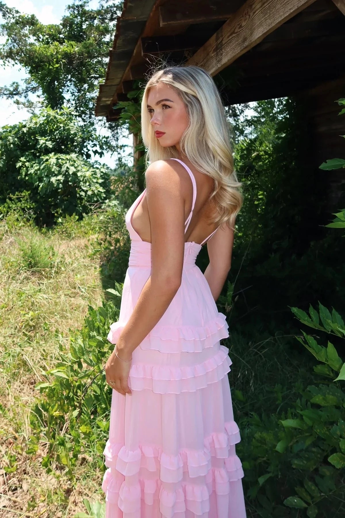 Romantic A-Line V-Neck Spaghetti-Strap Open-Back Tiered-Ruffle Maxi Evening Dress