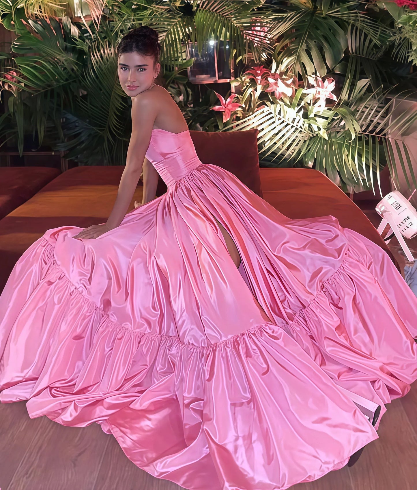 Romantic A-line Strapless Sleeveless Solid-back Floor-length Slit Prom Dress