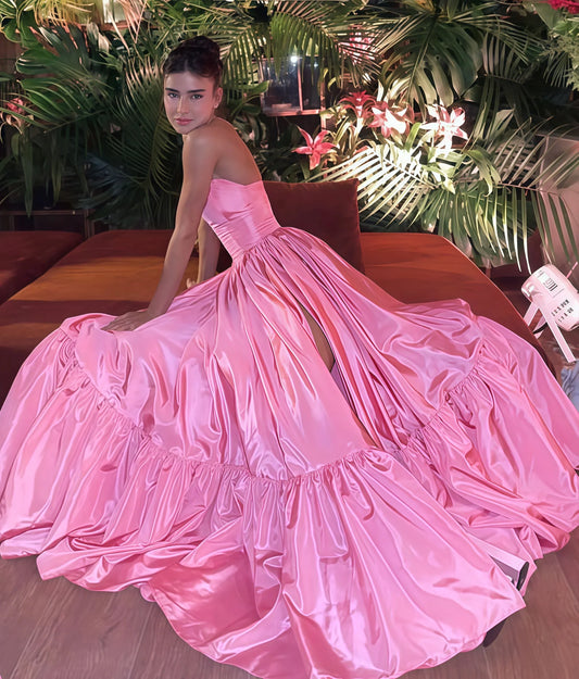 Romantic A-line Strapless Sleeveless Solid-back Floor-length Slit Prom Dress