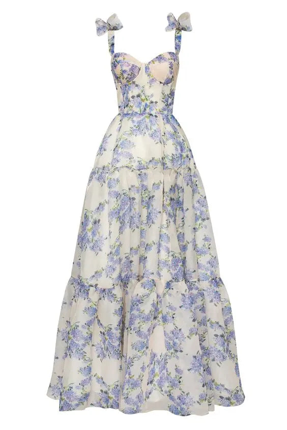 Romantic A-line Sweetheart Bow-strap Lace-up-back Floor-length Floral Prom Dress