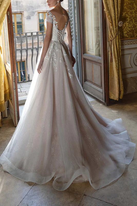Romantic Ball-Gown Illusion-Neck Cap Sleeve Lace-Up-Back Train-Length Wedding Dress