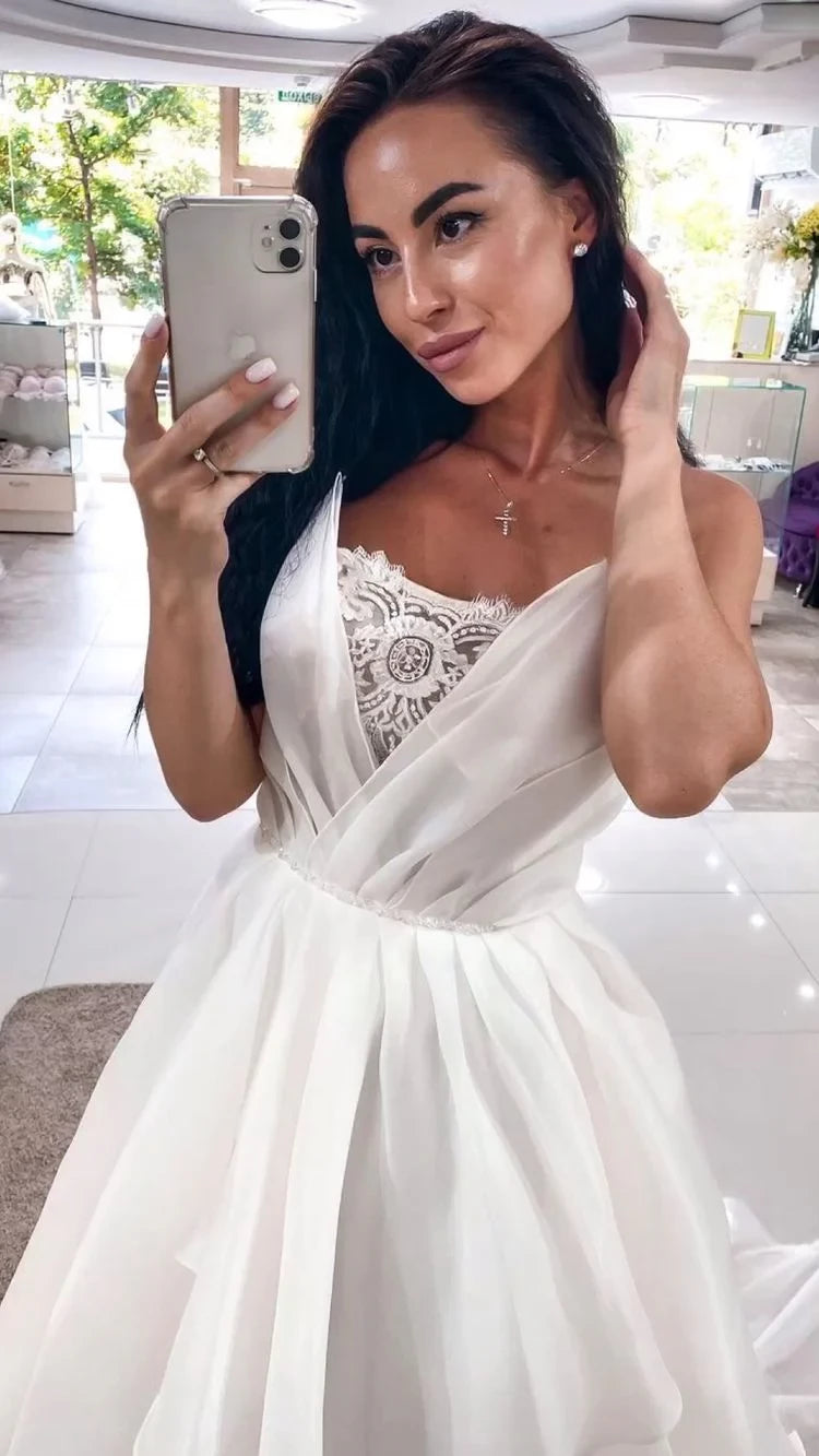 Romantic Ball-Gown One-Shoulder Sleeveless Sheer-Back Chapel Train Wedding Dress