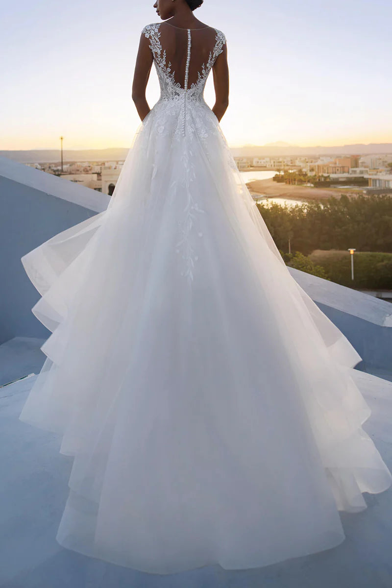 Romantic Ball-Gown Plunge V Neck Cap Sleeve Illusion Back Train Length Wedding Dress