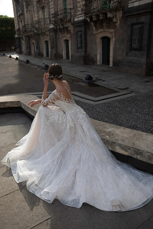 Romantic Ball Gown Plunge V Neck Long Sleeve Lace Back Cathedral Train Wedding Dress