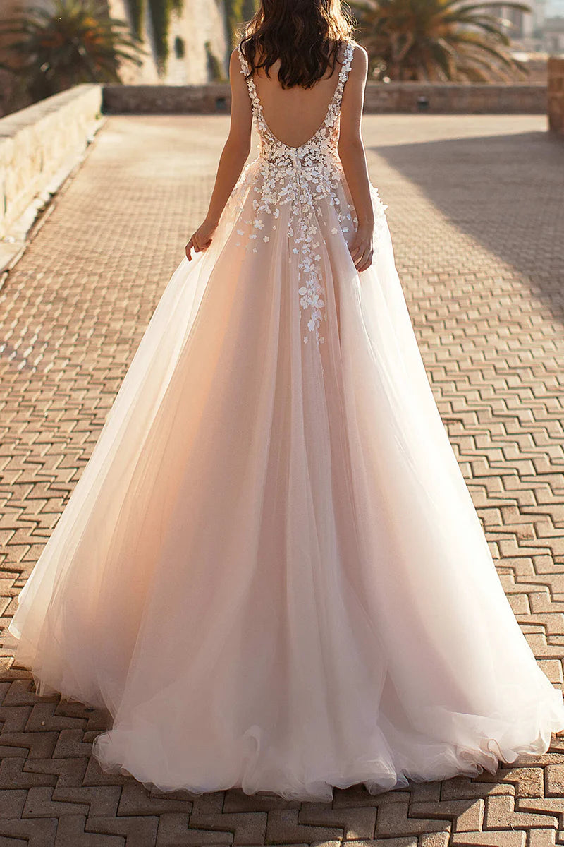 Romantic Ball-Gown Plunge-V-Neck Sleeveless Open-Back Train-Length Wedding Dress