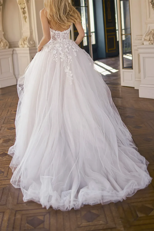 Romantic Ball-Gown Plunge-V-Neck Strapless Open-Back Train-Length Wedding Dress