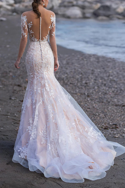 Romantic Mermaid Off-the-Shoulder Long-Sleeve Sheer-Back Chapel Train Wedding Dress