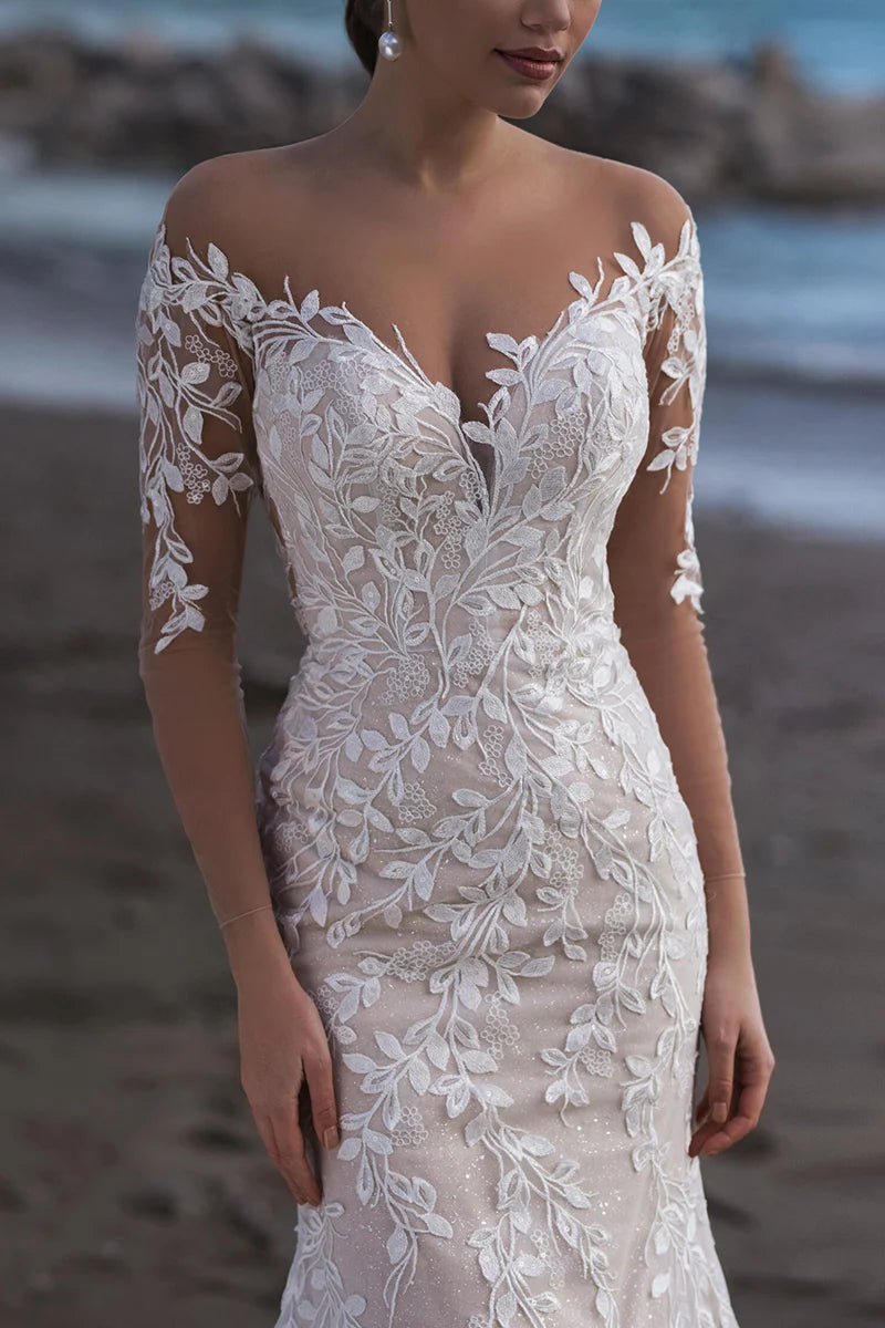 Romantic Mermaid Off-the-Shoulder Long-Sleeve Sheer-Back Chapel Train Wedding Dress