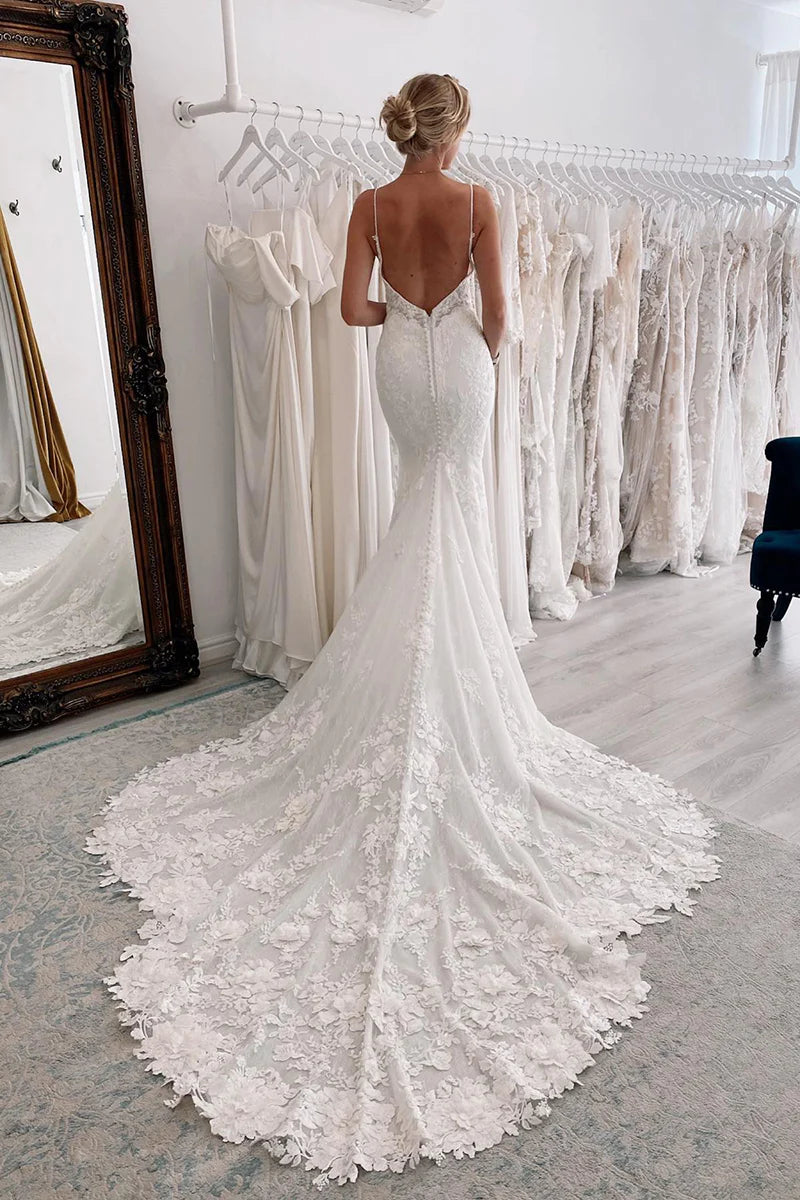 Romantic Mermaid Plunge-V-Neck Spaghetti-Strap Open-Back Train-Length Wedding Dress