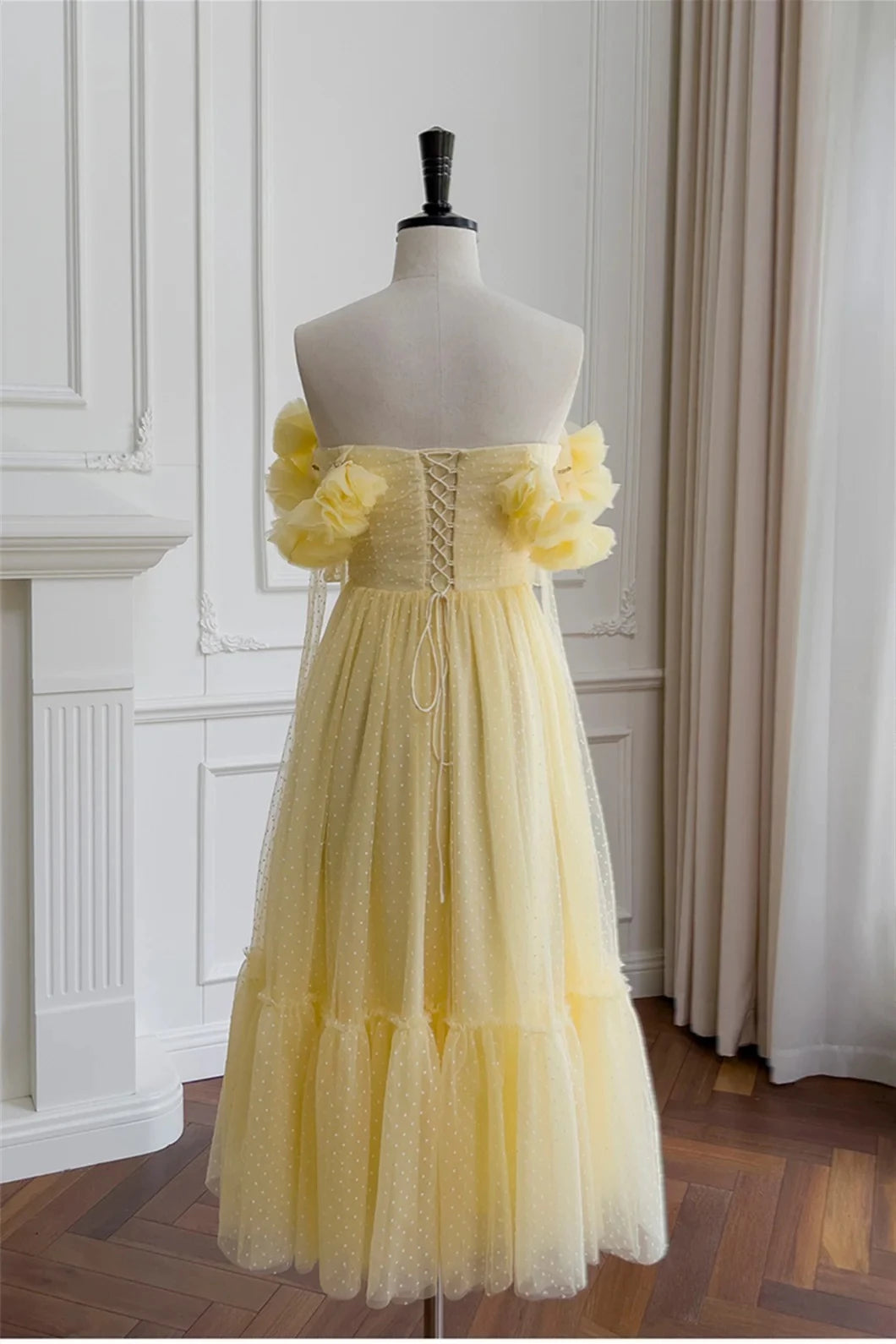 Romantic Tiered A-Line Off-the-Shoulder Floral Sleeve Lace Up Back Midi-Length Yellow Dot Tulle Evening Dresses