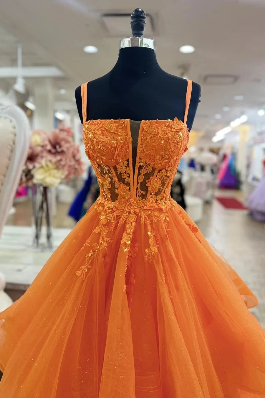 Romantic Tiered A-Line Square Neck Spaghetti Straps Lace Up Back Floor-Length Orange Lace Tulle Evening Dresses