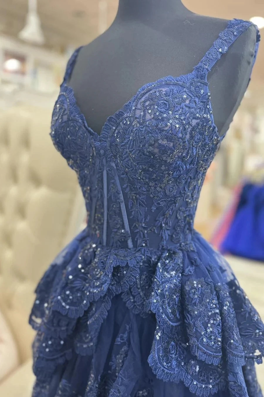 Romantic Tiered A-Line Sweetheart Spaghetti Straps Open Back Sweep Train Navy Blue Lace Tulle Evening Dresses