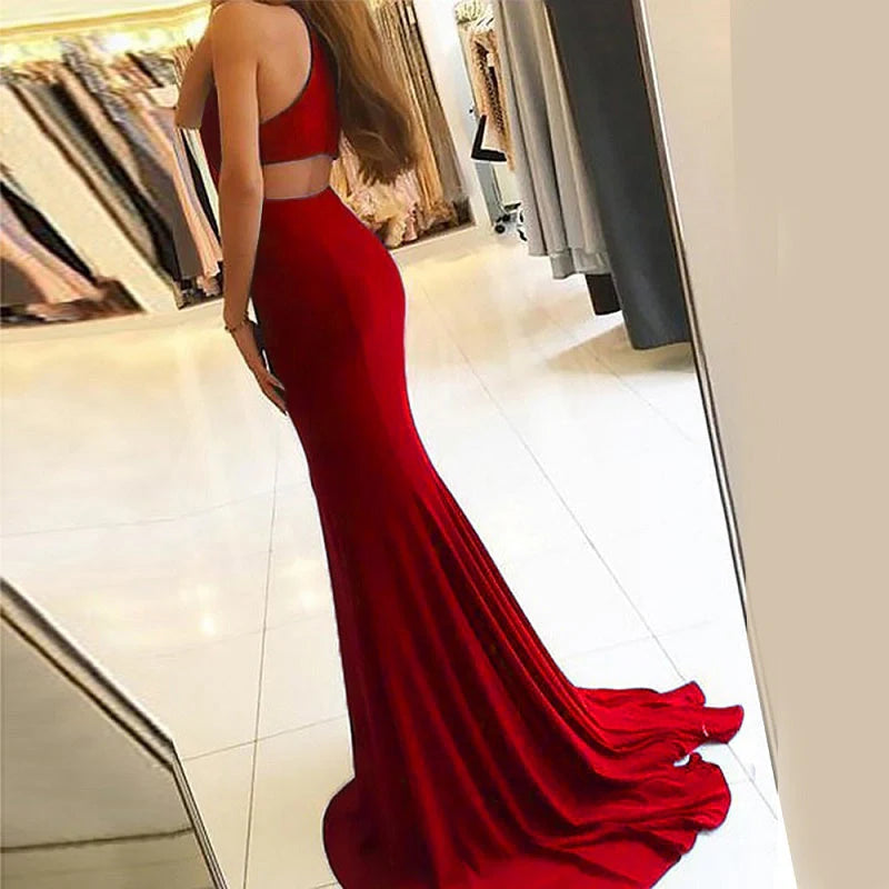 Long Mermaid Open Back Halter Slit Simple Prom Dresses
